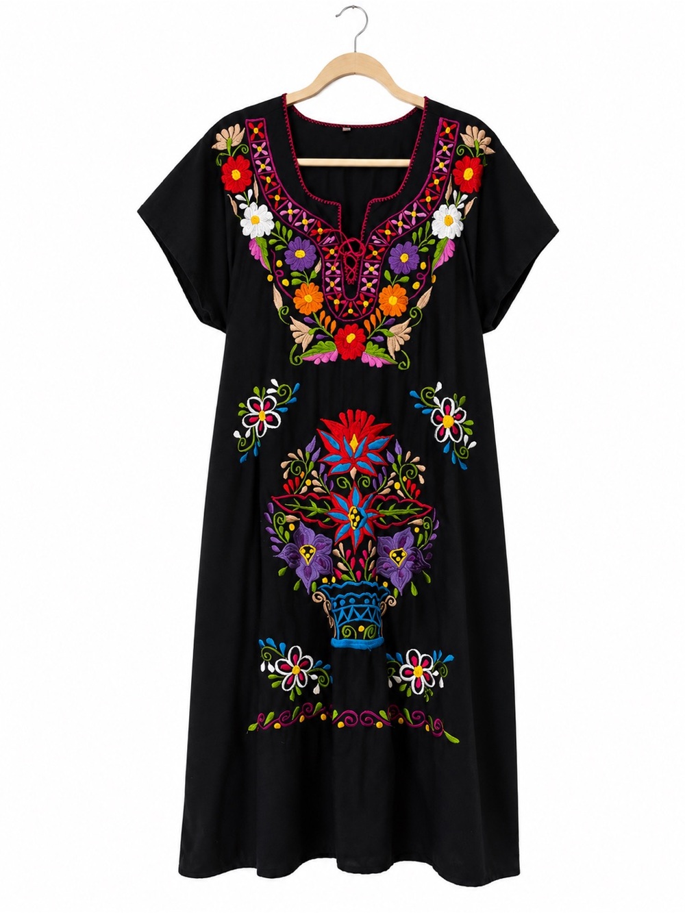 Embroidered Black Floral Midi Dress